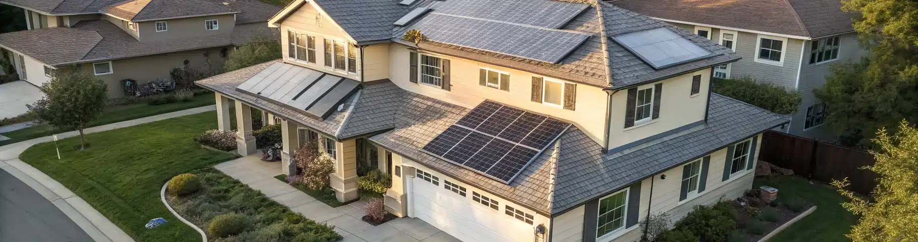 Une maison individuelle avec différentes tailles d’installations solaires visibles sur le toit, suggérant différentes configurations possibles selon les besoins.