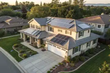 Une maison individuelle avec différentes tailles d’installations solaires visibles sur le toit, suggérant différentes configurations possibles selon les besoins.